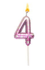 Burning air balloon shaped birthday candle with hearts isolated on white background, number 4	