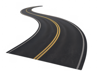 Winding asphalt road with double yellow lines, showing journey, path, and direction on transparent background