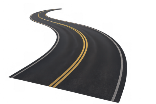 Winding asphalt road with double yellow lines, showing journey, path, and direction on transparent background