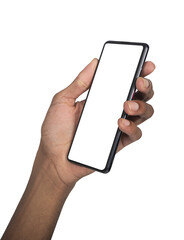 Mobile phone screen, African American person holding smartphone with blank digital display. Modern