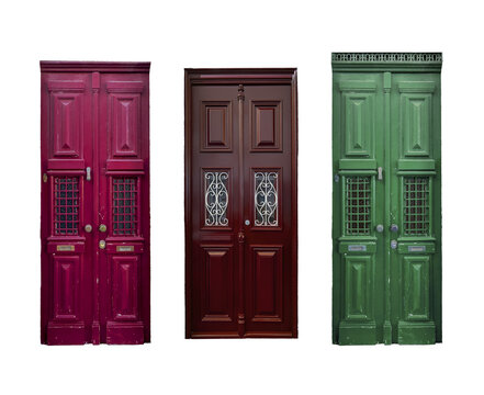 Old wooden door set, vintage architectural entrance with ornate carvings and weathered texture.