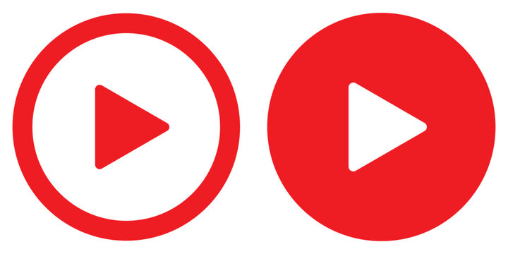 Two variations of a play button icon inside a circle. One outline, the other is a filled  circle with a white play button. Trendy circle play button icon in flat style. Radio symbol, video player.