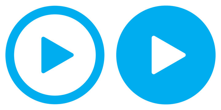 Two variations of a play button icon inside a circle. One outline, the other is a filled  circle with a white play button. Trendy circle play button icon in flat style. Radio symbol, video player.