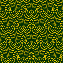 Art Deco green and yellow seamless pattern. Geometric decorative texture. Vector vintage background.