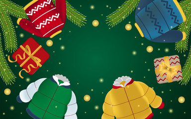Festive illustration of christmas featuring gifts and winter jackets