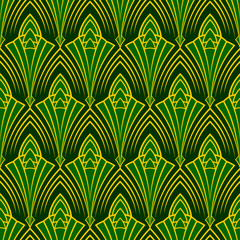 Art Deco green and yellow seamless pattern. Geometric decorative texture. Vector vintage background.