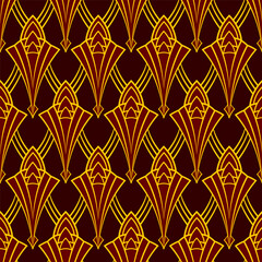 Art Deco brown, red and yellow seamless pattern. Geometric decorative texture. Vector vintage background.