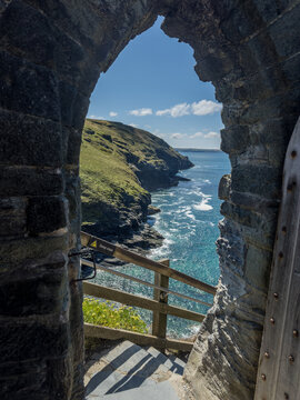 Ruins of Tintagel Castle at Tintagel, Cornwall, England, on a summer day.