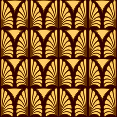 Art Deco style brown and yellow seamless pattern. Geometric decorative texture with floral elements. Vector vintage background.
