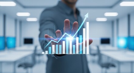 Man Presenting Ascending Bar Graph with Arrow in Modern Office, Growth Concept.