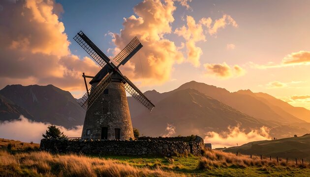 An old stone windmill sits atop a grassy hill with distant mountains and a dramatic sky at sunset. The scene is filled with golden light