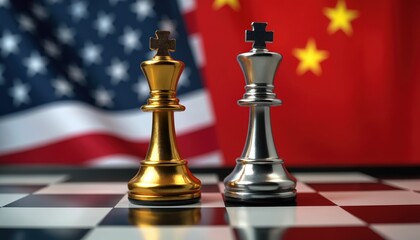 Naklejka premium Chess kings on board with the flags of the United States and China. The gold and silver kings symbolize the rivalry and economic competition between two countries.
