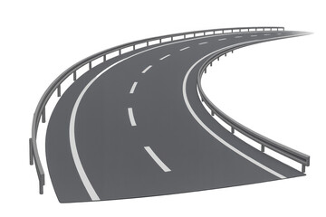 Winding highway asphalt road with guardrail looping right on a transparent background, depicting travel and journey