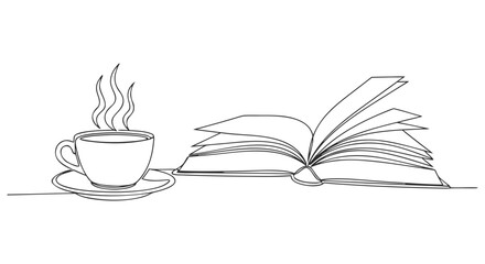 A single continuous line drawing depicts a steaming cup of coffee and an open book, illustrating the joy of reading and relaxation
