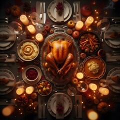 Cinematic Flat Lay of Luxurious Thanksgiving Dinner at Night, Illuminated by Flickering Candlelight and Fairy Lights: Moody Top-Down View of Roasted Turkey Feast