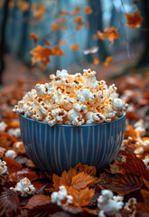 Bucket of popcorn in autumn leaves 