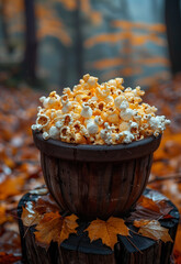 Bucket of popcorn in autumn leaves 