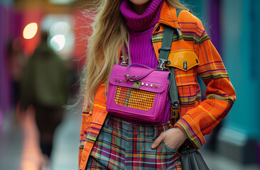 young woman with fashion bag in city