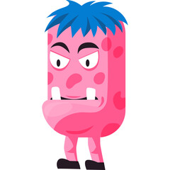 Funny Pink Monster with Blue Hair and Spots Standing on White Background with Cartoonish Fangs and Angry Eyes