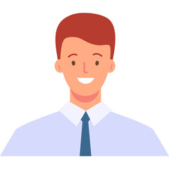 Flat Design Portrait of a Smiling Man with Red Hair Wearing a Light Blue Shirt and Dark Blue Tie on a Transparent Background