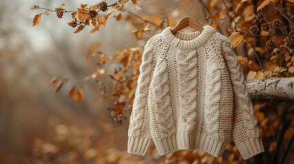 Beige warm sweater on fall background, banner style