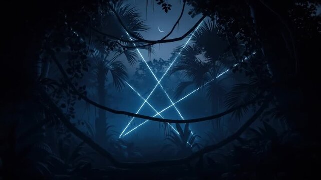 A neon pentagram shines brightly in a dark jungle at night from a low angle viewpoint