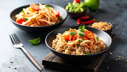 Two Black Bowls of Asian Cuisine on Dark Background with Chili and Lime