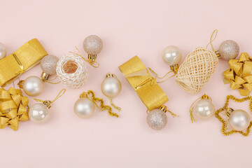 Creative Christmas composition. Traditional New Year decor, holiday symbols