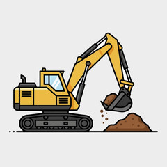 Yellow construction excavator digging a pile of dirt vector illustration.