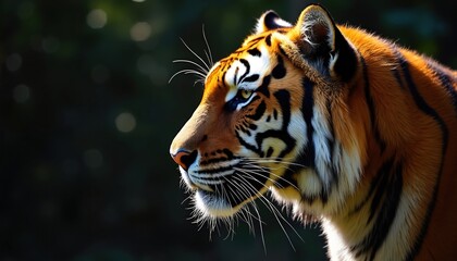 Obraz premium Majestic tiger face in profile bathed in sunlight showing detailed fur and striking black stripes. Powerful predator gazes intensely with yellow eye. Wild animal in nature.