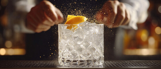 A bartender adds a slice of orange to a glass with a drink and ice, a splash of golden dust.
Perfect for cocktail recipes, bar culture or drink adverts.