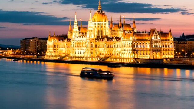 Budapest parliament building illuminated at dusk with boats on the danube river