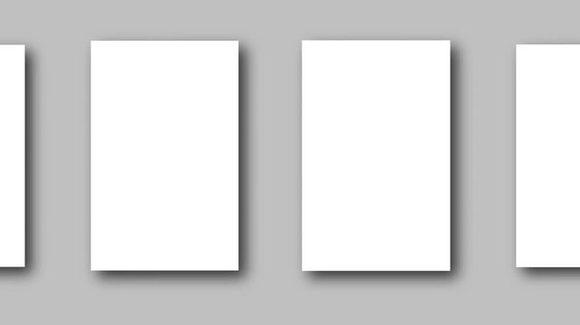 Animated Group of White Blanks Mockups with Shadows lying on Neutral Light background (Flat lay Animation) . Paper Blank Mock Up. Branding Identify, Business Cards or Magazine pages and Social Posts.