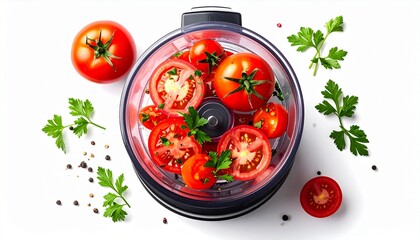 Fresh tomatoes, parsley, and black pepper in a food processor, ready for blending on a white background. Top view of ingredients for healthy cooking or sauce preparation.