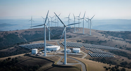 Aerial view of wind turbines and solar panels on a hill under a clear blue sky in the daytime ai generated