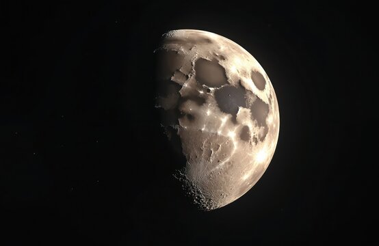 Partial view of Moon against deep black void shows detailed surface craters, textures. Sunlight illuminates one side of lunar body, rugged terrain. Tiny distant stars faintly visible in dark expanse.