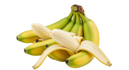 Fresh bunch of ripe and green bananas with one banana partially peeled healthy fruit isolated PNG with Transparent Background