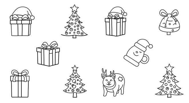 Illustration of various christmas themed items including gifts, christmas trees, bell, mug and reindeer