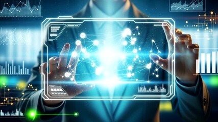 Businesswoman interacting with a futuristic holographic interface displaying data - Powered by Adobe