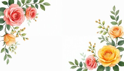 Soft watercolor pink, peach, yellow roses with green leaves form elegant corner decor on white background. Beautiful floral frame provides central copy space, perfect for romantic invitations, spring