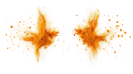 Two artistic turmeric powder bursts side by side on transparent background