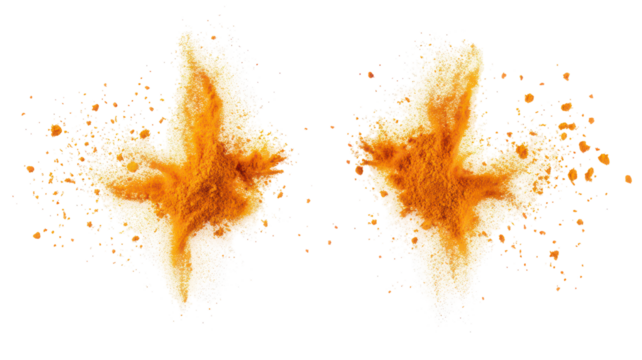 Two artistic turmeric powder bursts side by side on transparent background