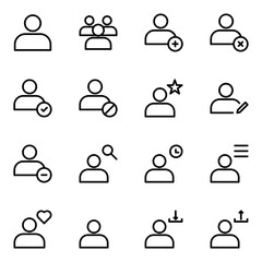 Collection of Basic User Related Vector Line Icons. Contains Icons like User minus, Ad user, Love User, Upload User and more. Editable stroke. 48x48 pixels