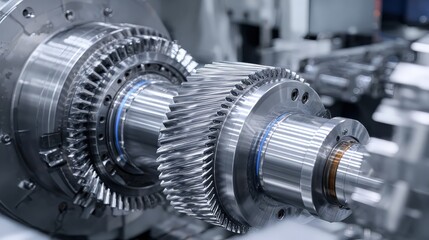Fototapeta premium A close-up view of intricate metallic gears showcasing precision engineering and technology in a modern industrial setting.