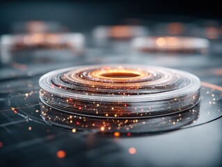 A futuristic glowing data hub rendered as concentric glass rings with golden sparks, symbolizing information flow, digital architecture, and system connectivity