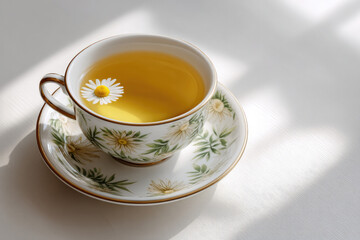 Delicate teacup with floral print, chamomile tea, white saucer, sunlight, peaceful morning, elegant design
