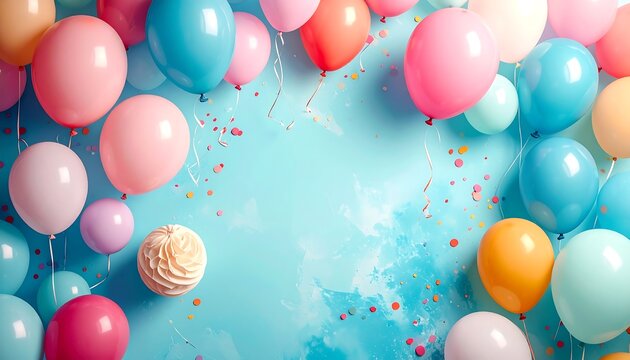Assortment of colorful balloons float against a textured light blue background. Sprinkles and an ornamental cupcake add charm - Powered by Adobe