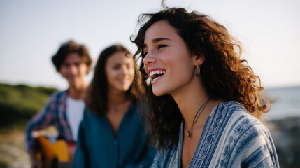 Young friends laughing, dancing and playing guitar near the sea, bright sunny day, relaxed summer mood, connection and joy, fun beach gathering, warm golden light, happiness and fr