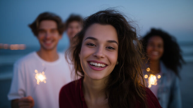 Young diverse group of friends having fun with sparklers on the beach, smiling and enjoying sunset by the sea, relaxed summer evening vibe, connection and celebration, lifestyle ph