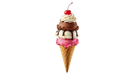Triple scoop ice cream cone dessert with strawberry, chocolate, and whipped cream for summer menus isolated PNG with Transparent Background